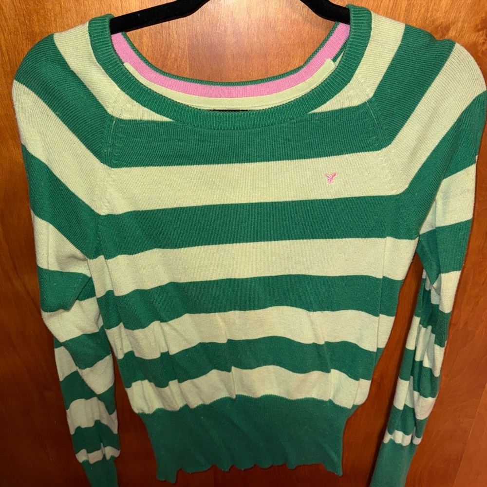 American Eagle Outfitters Green and Pink Striped Top